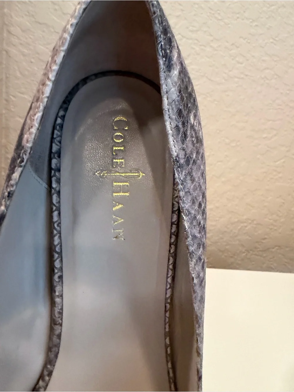 Cole Haan Snake-Print Peep Toe Wedges in Gray and Cream Tones